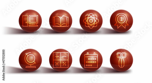 Set line Computer monitor, Earth globe, Medal, Calendar, Calculator, Open book, Scissors and Atom icon. Vector
