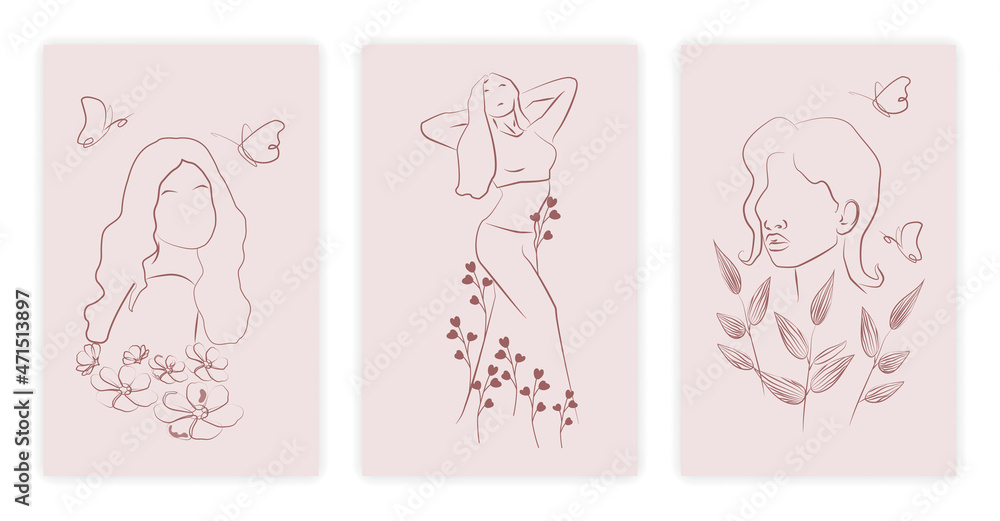 Set of magic woman. Collection of abstract paintings depicting girl. People and flowers, carnadash drawing, sketch, painting, poster. Cartoon flat vector ilustrations isolated on white background