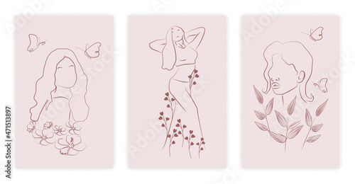 Set of magic woman. Collection of abstract paintings depicting girl. People and flowers, carnadash drawing, sketch, painting, poster. Cartoon flat vector ilustrations isolated on white background