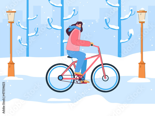 Female cyclist on snowy road in city. Girl riding bicycle in cold weather, street in winter flat vector illustration. Outdoor activity, seasons concept for banner, website design or landing web page