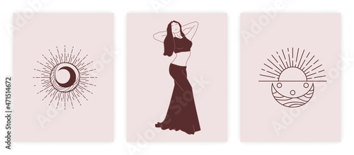 Mystic women set. Collection of esoteric images. Abstract pictures. Mysticism, witch, magic, astrology. Line art, outline, simple. Cartoon flat vector ilustrations isolated on white background