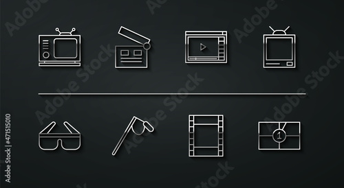 Set line Retro tv, 3D cinema glasses, Play Video, Microphone, Movie clapper, Old film movie countdown frame and Online play video icon. Vector