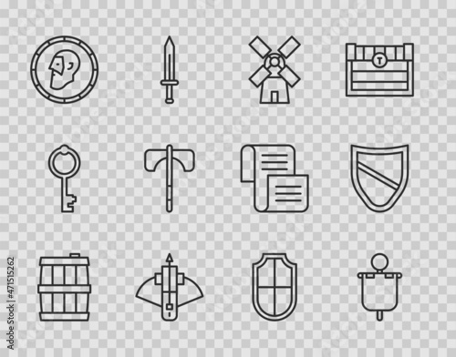 Set line Wooden barrel, Medieval flag, Windmill, Battle crossbow with arrow, Ancient coin, axe, Shield and icon. Vector