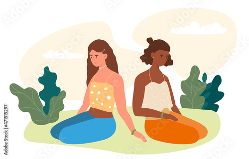 Two girls in nature. Girlfriends meditate, date, rest after work. Picnic, walk in park, outdoor characters. Sad women sit on their knees, outdoor, depression. Cartoon flat vector illustration