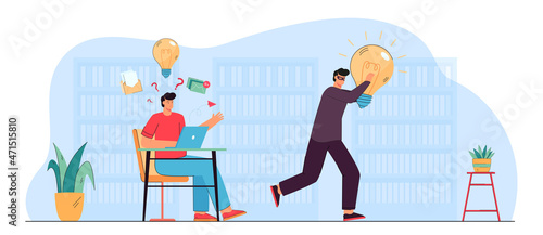 Thief or pirate stealing creative idea from man in library. Infringement of copyright, content theft flat vector illustration. Copyright, content piracy, plagiarism concept for banner, website design photo