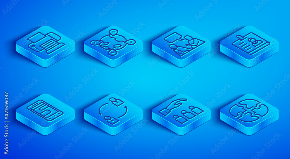Set line Printer, Location on the globe, Two sitting men talking, Human resources, Boss with employee, Identification badge, Chat messages phone and Piece of puzzle icon. Vector Set line Printer, Location on the globe, Two sitting men talking, Human resources, Boss with employee, Identification badge, Chat messages phone and Piece of puzzle icon. Vector
