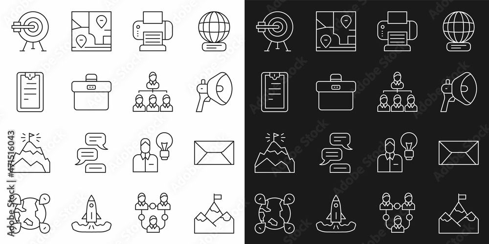 Set line Mountains with flag, Envelope, Megaphone, Printer, Briefcase, Clipboard checklist, Target arrow and Hierarchy organogram chart icon. Vector Set line Mountains with flag, Envelope, Megaphone, Printer, Briefcase, Clipboard checklist, Target arrow and Hierarchy organogram chart icon. Vector