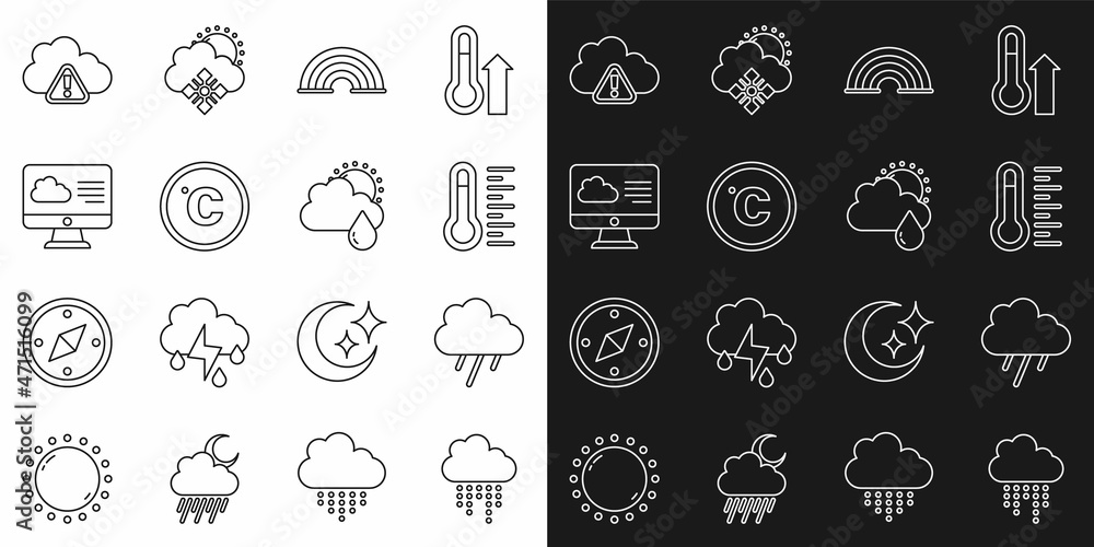 Set line Cloud with rain, Meteorology thermometer, Rainbow, Celsius, Weather forecast, Storm warning and and sun icon. Vector Set line Cloud with rain, Meteorology thermometer, Rainbow, Celsius, Weather forecast, Storm warning and and sun icon. Vector