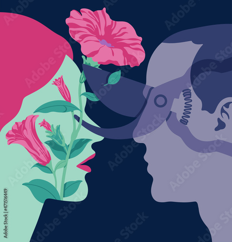 Conceptual illustration representing male violence against women. Couple facing each other where agressive man threatens woman. 
