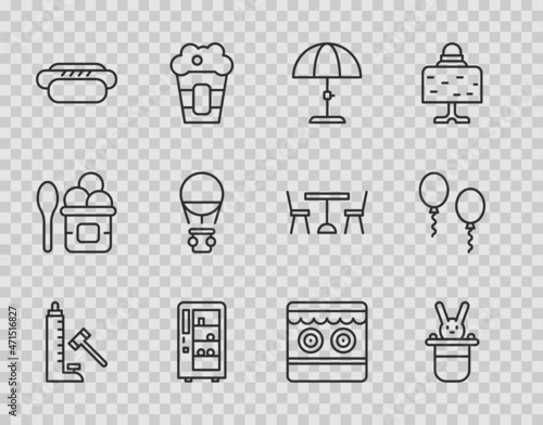 Set line Striker attraction with hammer, Magician hat and rabbit, Sun protective umbrella, Vending machine, Hotdog, air balloon, Shooting gallery and Balloons icon. Vector