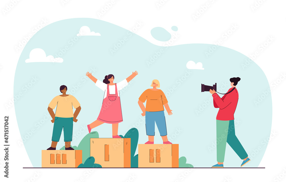 Obraz premium Photographer taking picture of winners of competition. Happy people standing on podium for photo flat vector illustration. Journalism, sport concept for banner, website design or landing web page