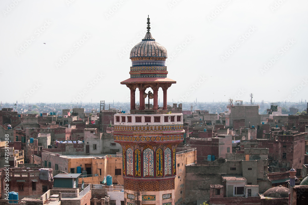 Minaret of the Wazir Khan Mosque (Masjid) in Lahore historical center, Punjab, Pakistan