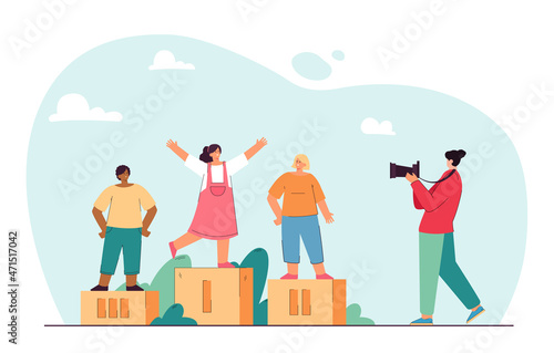 Photographer taking picture of winners of competition. Happy people standing on podium for photo flat vector illustration. Journalism, sport concept for banner, website design or landing web page