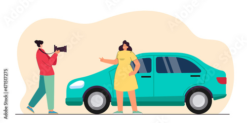 Photographer taking picture of happy girl with new car. Man with professional photo camera flat vector illustration. Photo album, social media concept for banner, website design or landing web page