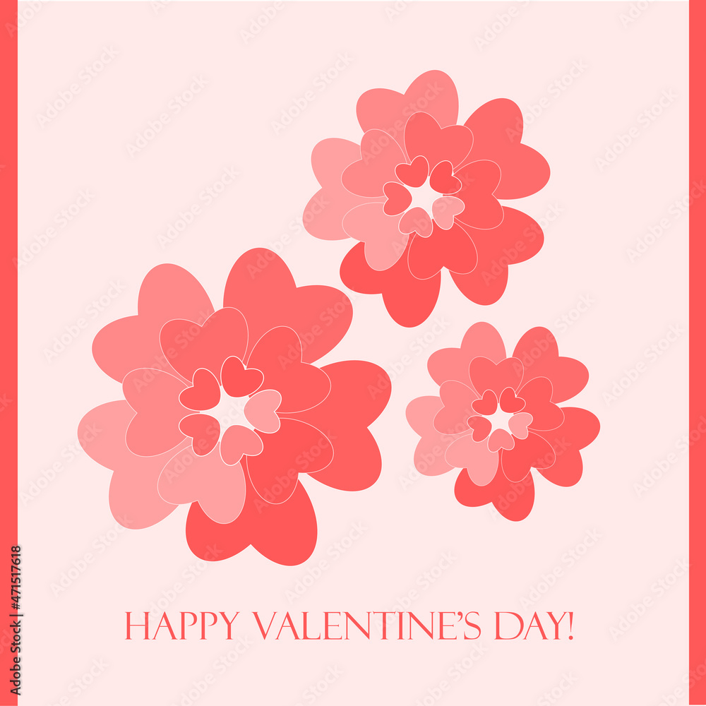 Saint Valentines day card flowers in pastel shades with heartshape petals on soft pink background