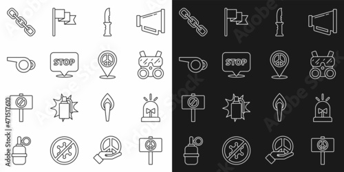 Set line Peace, Flasher siren, Gas mask, Military knife, Protest, Whistle, Chain link and Location peace icon. Vector