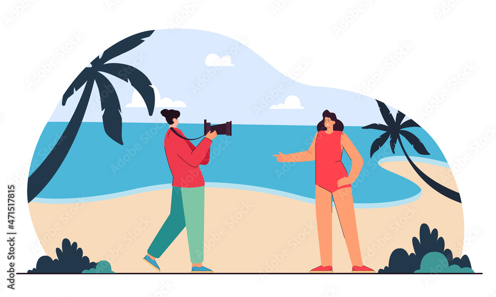 Photographer taking picture of girl in bikini on tropical beach. Man holding photo camera flat vector illustration. Photography, vacation concept for banner, website design or landing web page