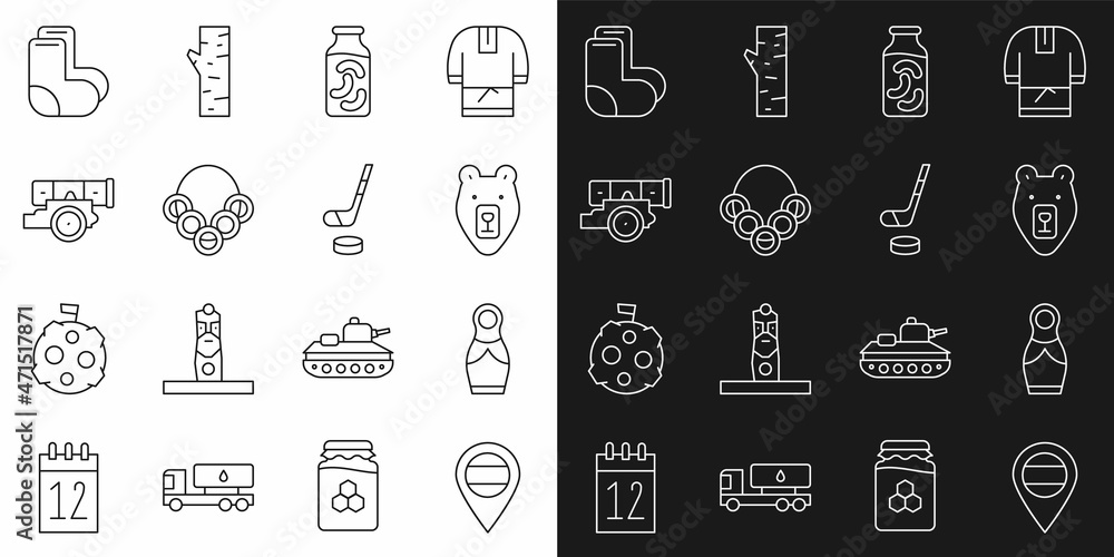 Set line Location Russia, Russian doll matryoshka, Bear head, Pickled cucumbers in jar, bagels, Cannon, Valenki and Ice hockey stick and puck icon. Vector Set line Location Russia, Russian doll matryoshka, Bear head, Pickled cucumbers in jar, bagels, Cannon, Valenki and Ice hockey stick and puck icon. Vector