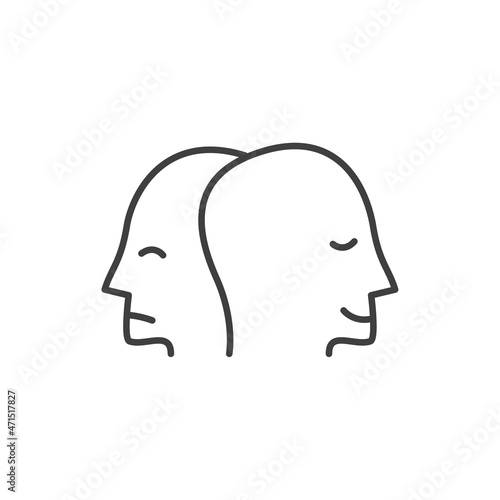 Split face double personality bipolar disorder vector outline icon. Character with mental health problems. Sad depressed and happy joyous mood change. Schizophrenia disease hand drawn doodle style.