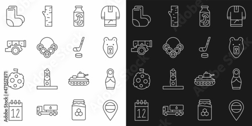 Set line Location Russia, Russian doll matryoshka, Bear head, Pickled cucumbers in jar, bagels, Cannon, Valenki and Ice hockey stick and puck icon. Vector