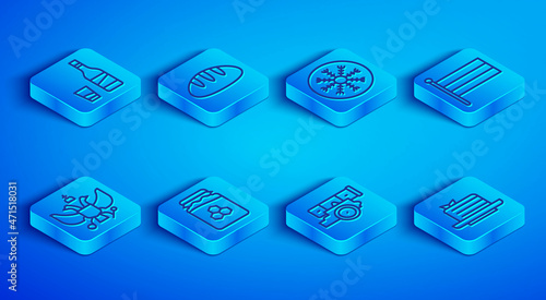 Set line Bottle of vodka with glass, Bread loaf, Snowflake, Jar honey, Cannon, National Russia flag, emblem and Medovik icon. Vector