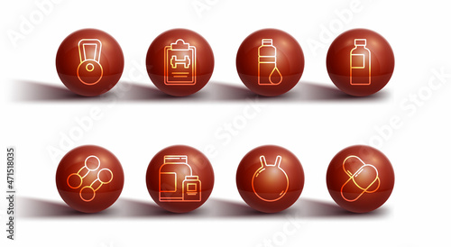 Set line Kettlebell, Dumbbell, Fitness shaker, Sports nutrition, training program, and icon. Vector