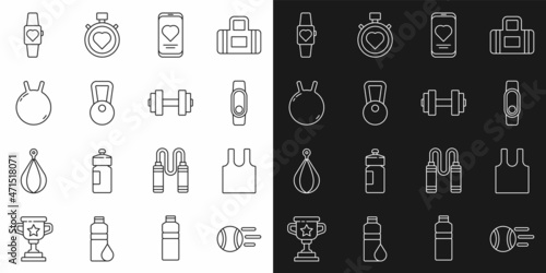 Set line Tennis ball, Sleeveless T-shirt, Smartwatch, Mobile with heart rate, Kettlebell, and Dumbbell icon. Vector
