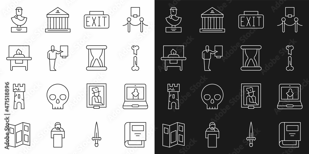 Set line History book, Online museum, Human broken bone, Exit sign, Museum guide, Glass showcase for exhibit, Ancient bust sculpture and Old hourglass with sand icon. Vector