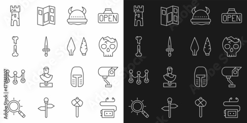 Set line Museum audio guide, Security camera, Broken human skull, Viking in horned helmet, Dagger, Human broken bone, Castle tower and Stone age arrow head icon. Vector