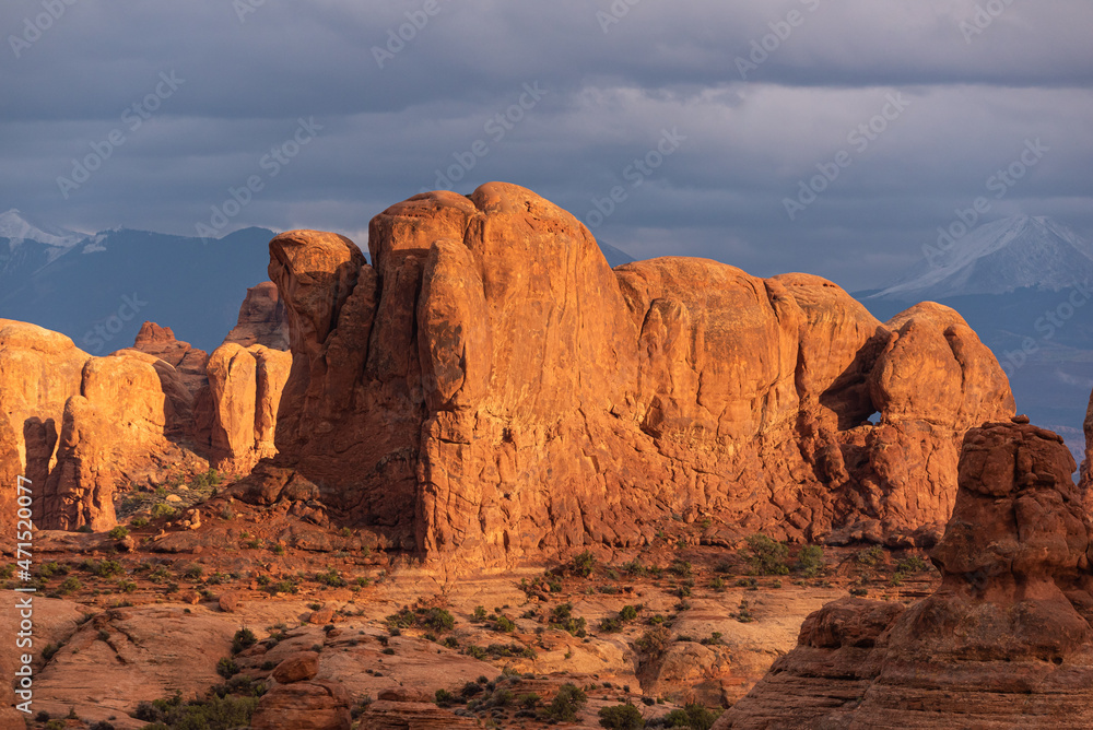 Fototapeta premium Beautiful rocky landscape scenery at golden hour in Arches National Park, Utah