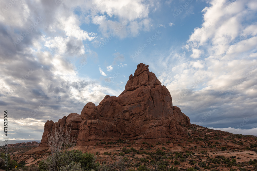 Rock formations and dramatic sky in the Utah desert, Arches National Park, American southwest Rock formations and dramatic sky in the Utah desert, Arches National Park, American southwest