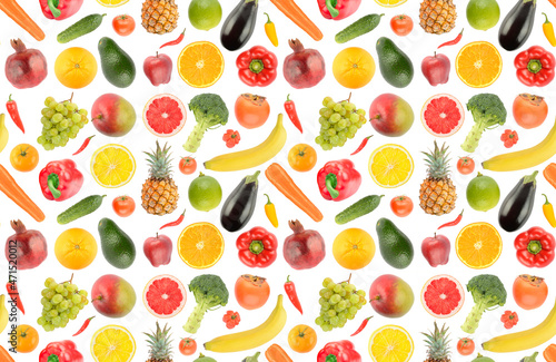 Fototapeta Naklejka Na Ścianę i Meble -  Big seamless pattern from bright healthy fruits and vegetables isolated on white