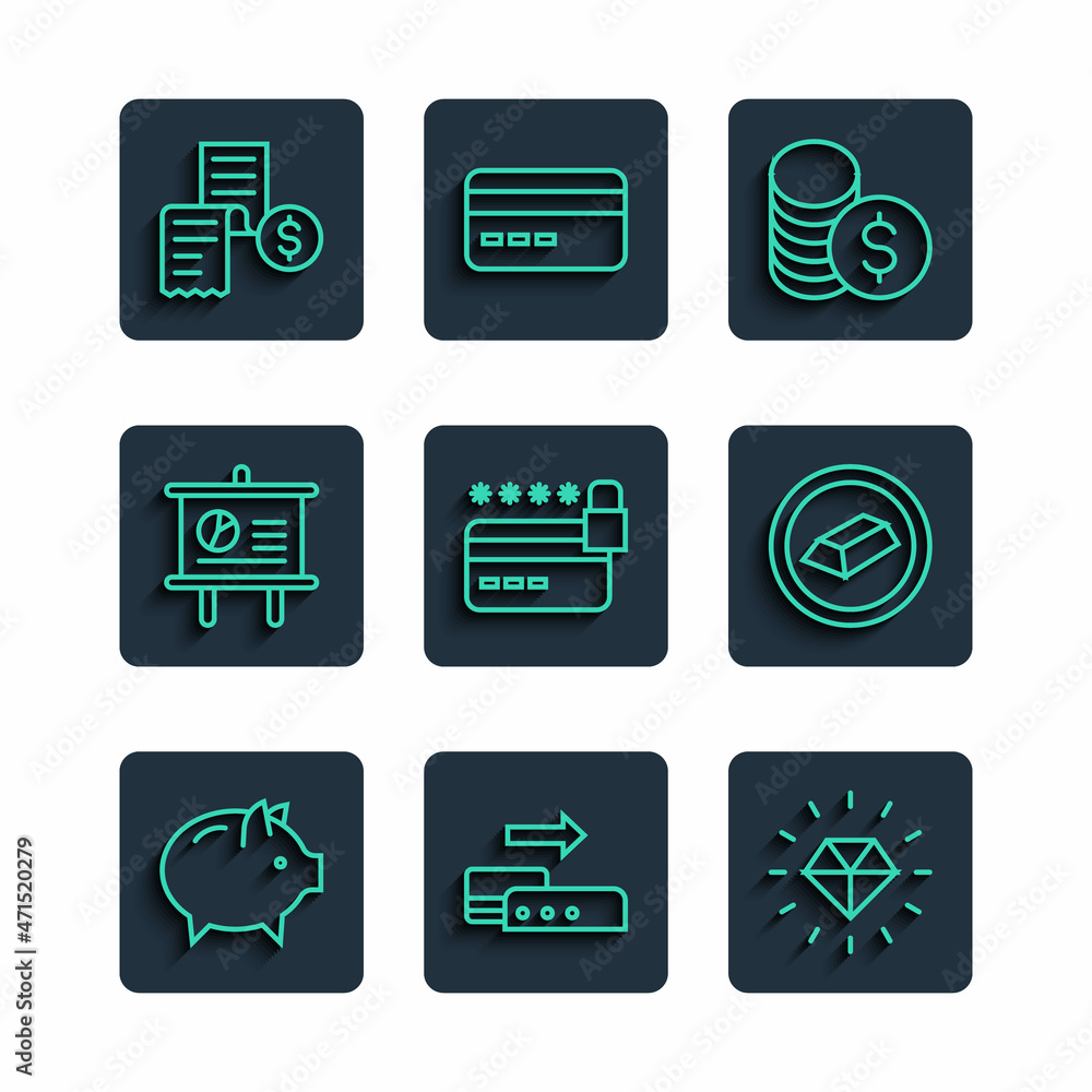 Set line Piggy bank, Pos terminal, Diamond, Coin money with dollar, Credit card lock, Chalkboard diagram, Paper or financial check and Gold bars icon. Vector Set line Piggy bank, Pos terminal, Diamond, Coin money with dollar, Credit card lock, Chalkboard diagram, Paper or financial check and Gold bars icon. Vector