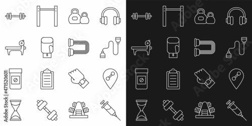 Set line Doping syringe, Location gym, Chest expander, Kettlebell, Boxing glove, Bench with barbel, Barbell and icon. Vector