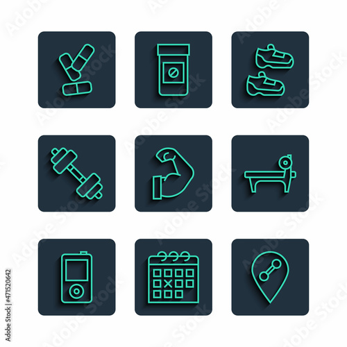Set line Music player, Calendar fitness, Location gym, Sport sneakers, Bodybuilder muscle, Dumbbell, Vitamin pill and Bench with barbel icon. Vector