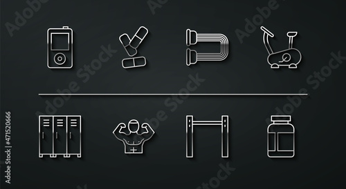 Set line Music player, Locker or changing room, Stationary bicycle, Horizontal bar, Bodybuilder muscle, Vitamin pill, Sports nutrition and Chest expander icon. Vector