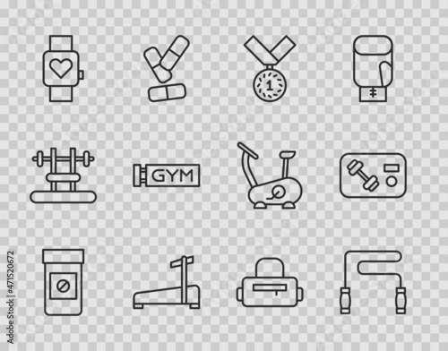 Set line Anabolic drugs, Jump rope, Medal, Treadmill machine, Smart watch, Location gym, Sport bag and Fitness club, card icon. Vector