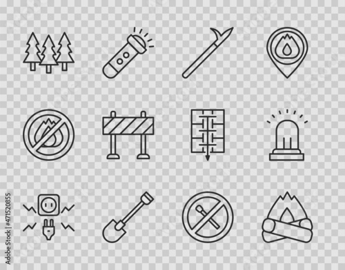 Set line Electricity spark, Campfire, Metal pike pole, Fire shovel, Forest, Road barrier, No match and Ringing alarm bell icon. Vector