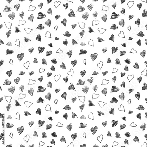 Seamless simple pattern of asymmetrical hearts with hatching on a white background © Александра Уткаева