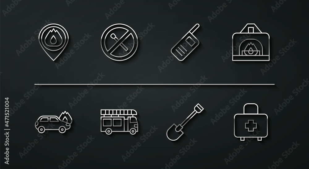 Set line Location with fire flame, Burning car, Interior fireplace, Fire shovel, truck, No match, First aid kit and Walkie talkie icon. Vector Set line Location with fire flame, Burning car, Interior fireplace, Fire shovel, truck, No match, First aid kit and Walkie talkie icon. Vector