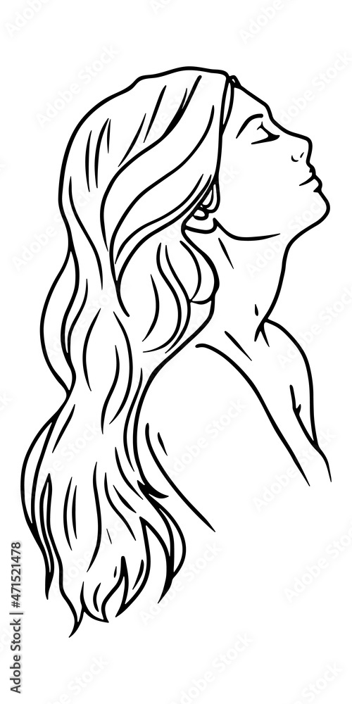 Woman with long beautiful hair in profile. Vector line art illustration Woman with long beautiful hair in profile. Vector line art illustration