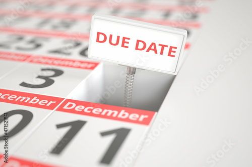 DUE DATE sign on December 4 in calendar, 3d rendering