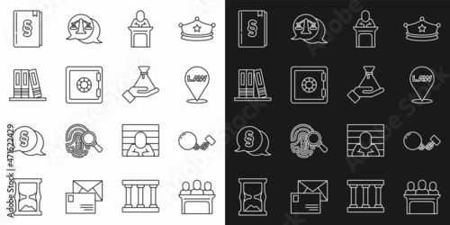 Set line Jurors, Ball on chain, Location law, Judge, Safe, Office folders, Law book and Bribe money bag icon. Vector