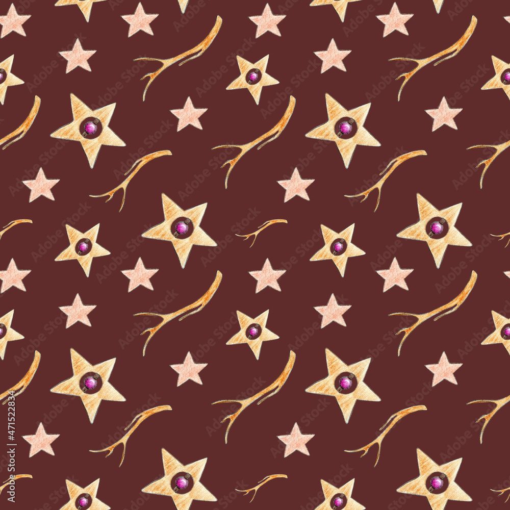 Watercolor seamless pattern of dry tree branches and magic wooden stars with beads. Hand drawn illustration on dark red background. Natural ethnic design of fabric, wrapper, wallpaper.