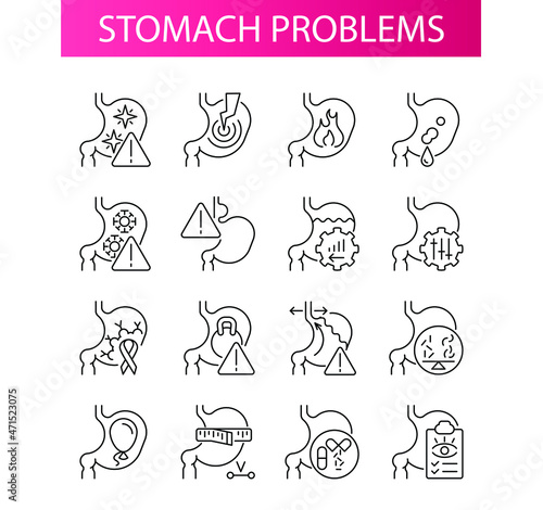 Symptoms of stomach problems. Line icon concept
