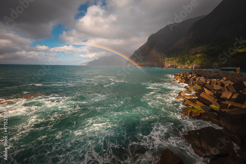 The green coast of Madeira over the Atlantic Ocean photographed in spring.