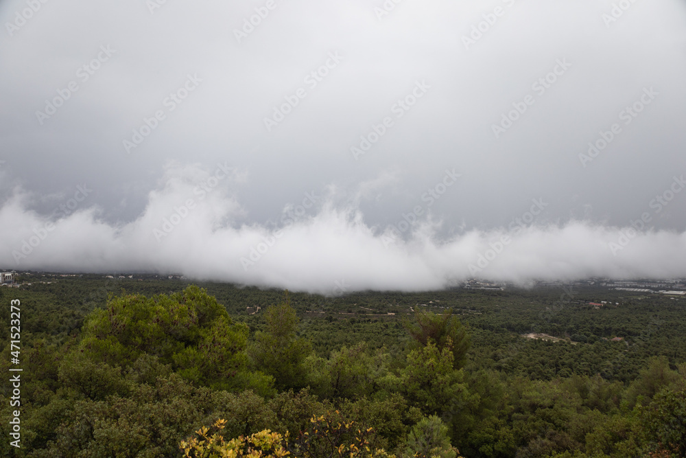 Fototapeta premium Rainy day with fog at Parnitha, Greece