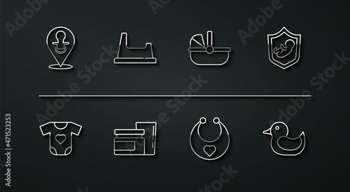 Set line Baby dummy pacifier, clothes, on shield, bib, food, potty, Rubber duck and stroller icon. Vector