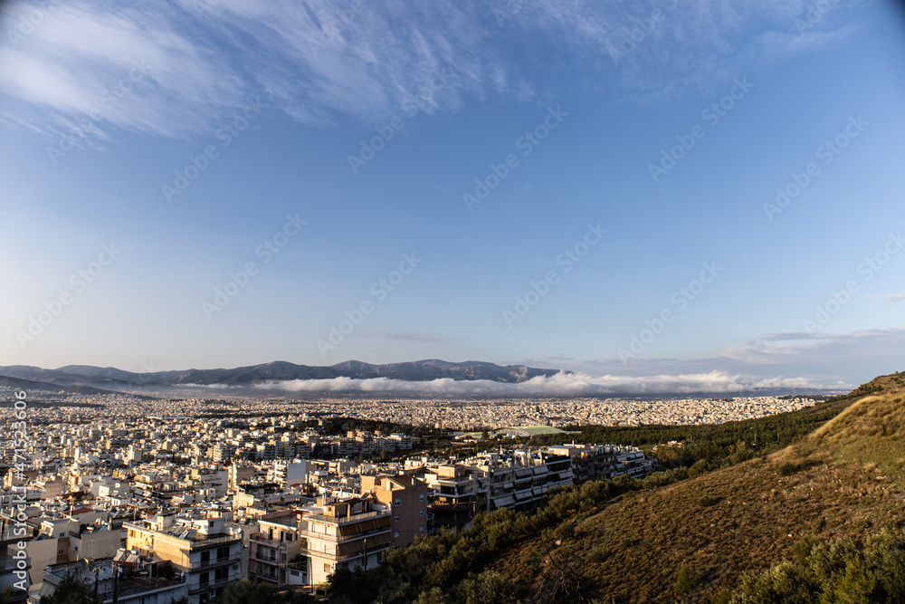 Aerial view of Athens city with fog