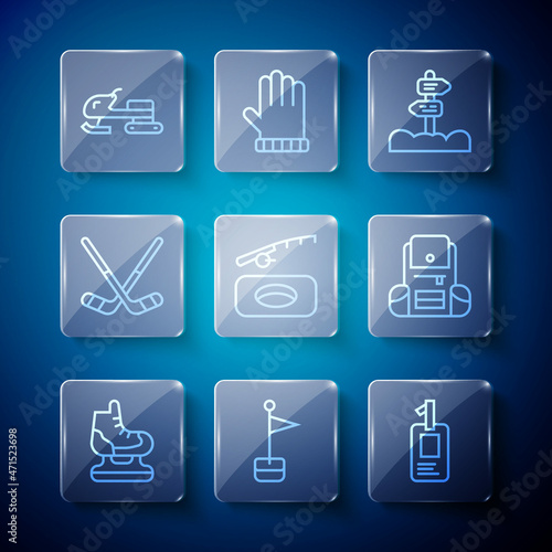 Set line Skates, Location marker, Identification badge, Road traffic signpost, Winter fishing, Ice hockey sticks, Snowmobile and Hiking backpack icon. Vector